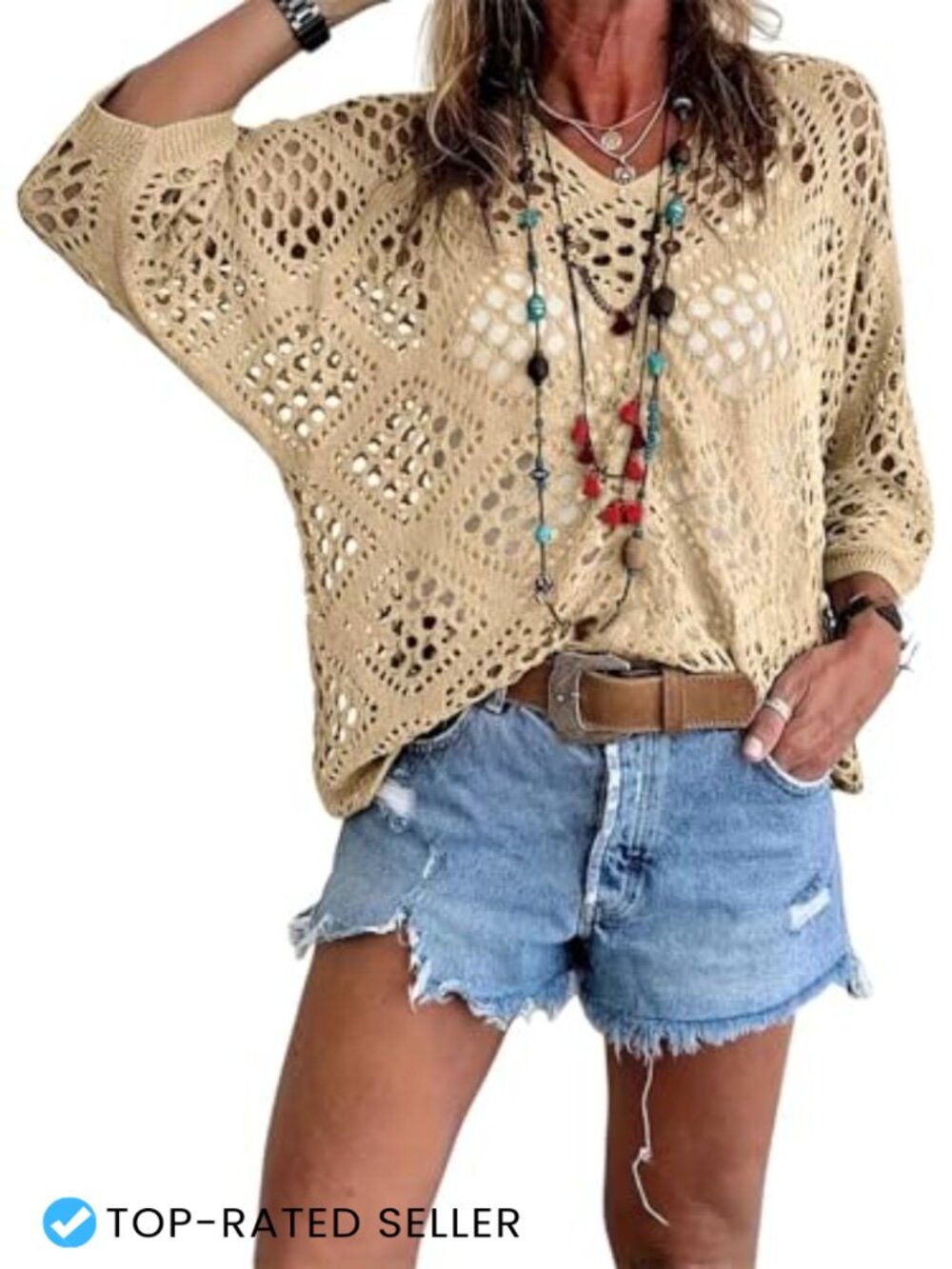 Womens Boho Crochet Swim Cover-Up V-Neck Lightweight Knit Beach Top